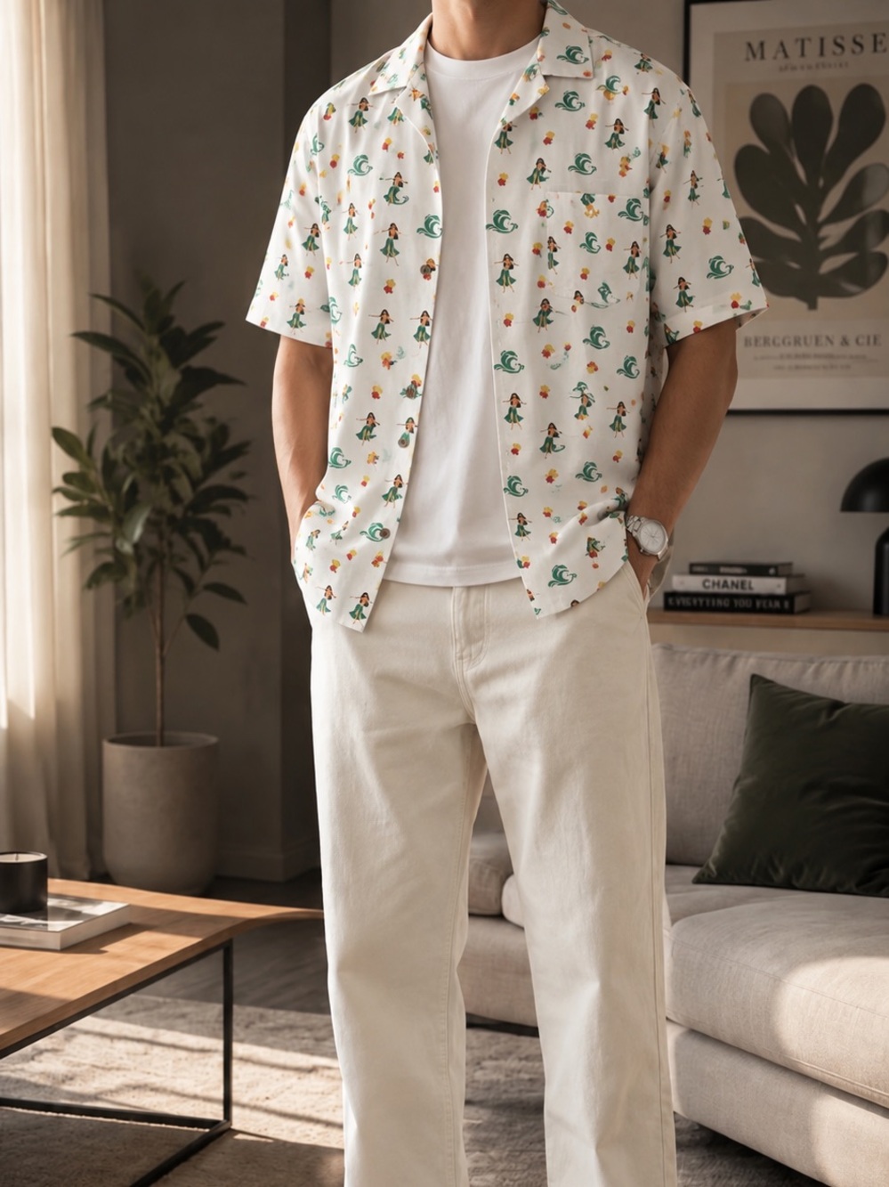 Casual White Button-Down Shirt with Green and Orange Print
